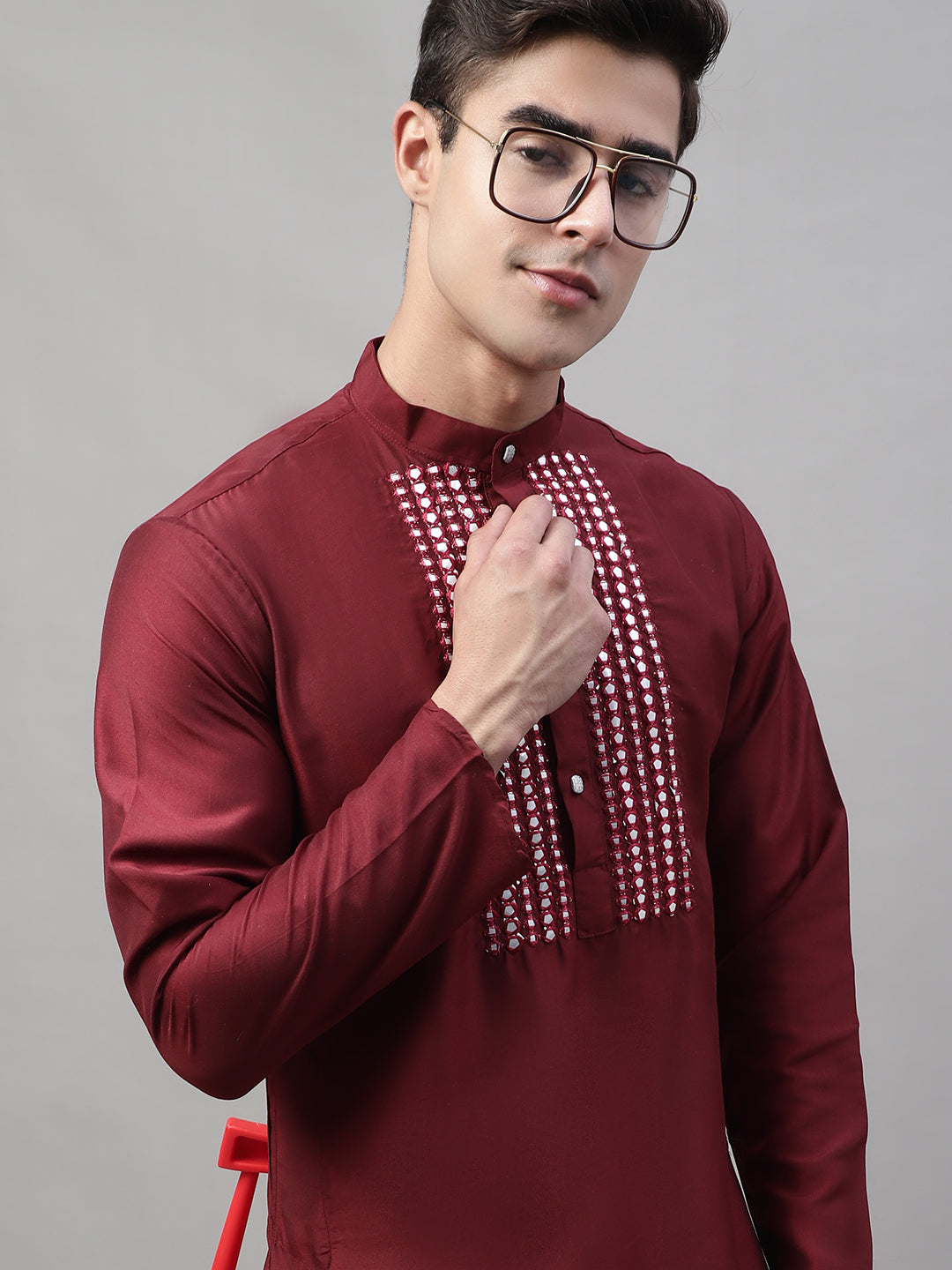 Jompers Men's Maroon Cotton Silk Mirror Work Kurta - Distacart
