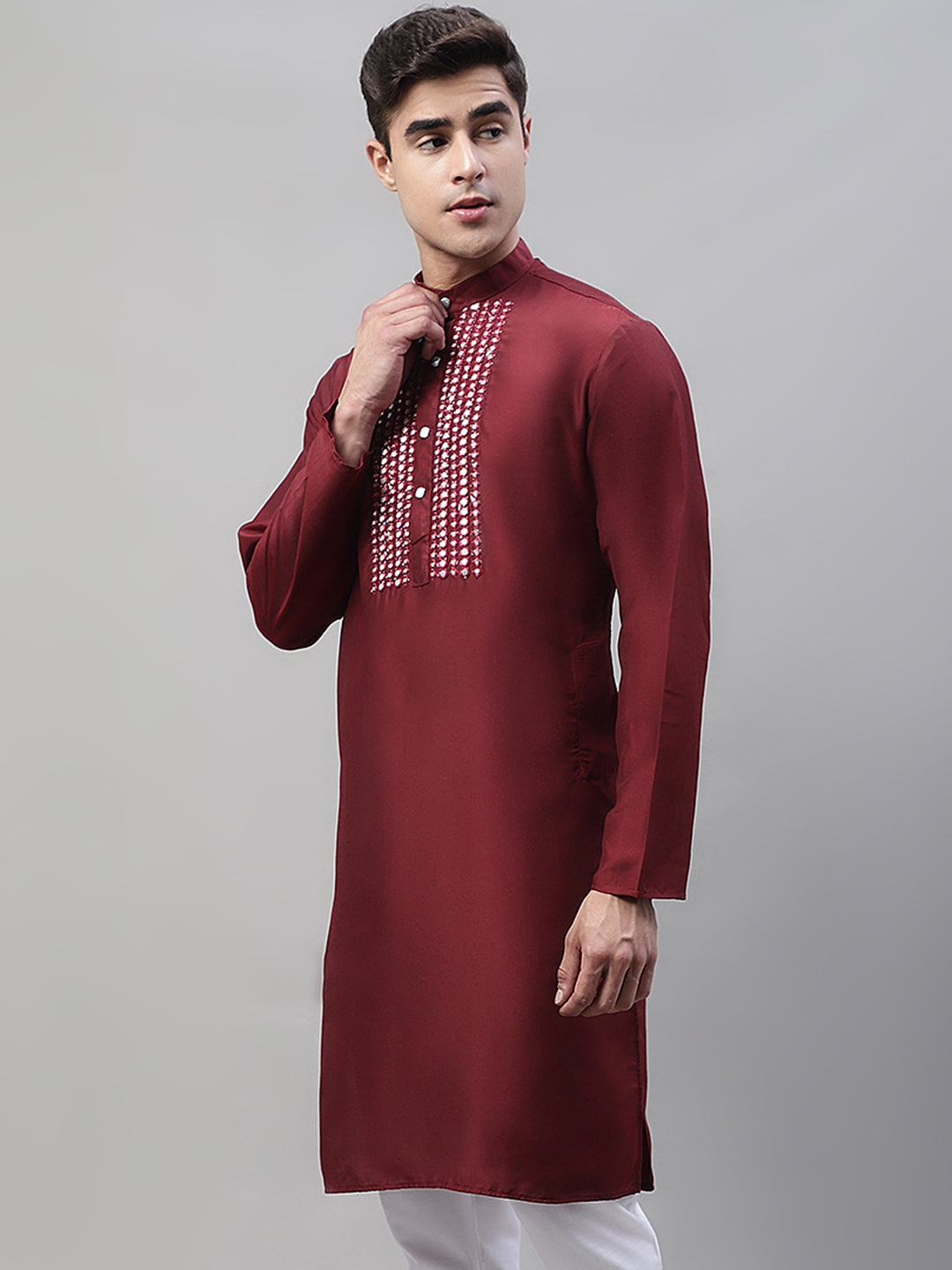 Jompers Men's Maroon Cotton Silk Mirror Work Kurta - Distacart