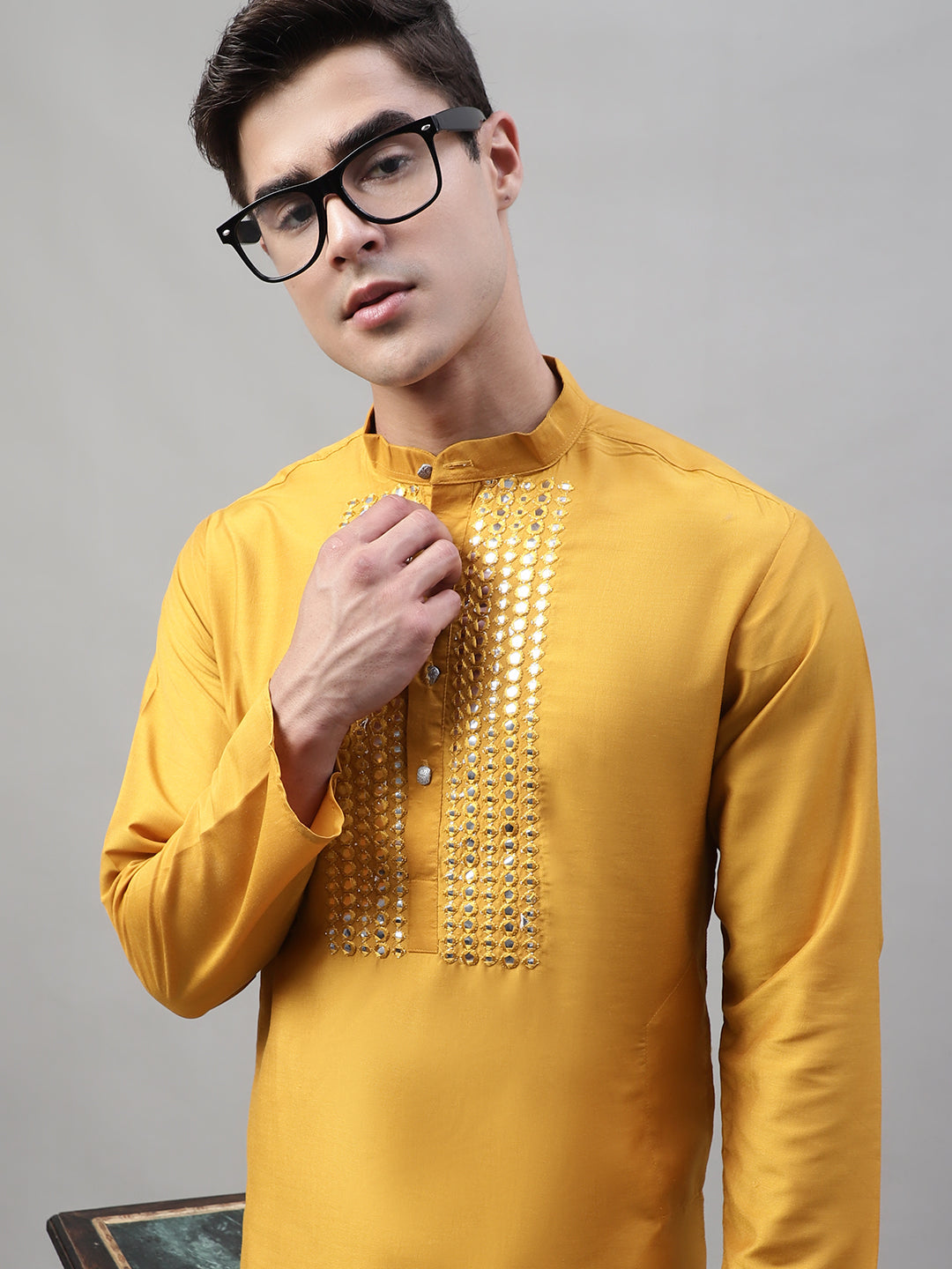 Jompers Men's Mustard Cotton Silk Mirror Work Kurta - Distacart
