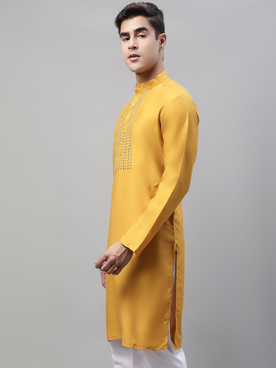 Jompers Men's Mustard Cotton Silk Mirror Work Kurta - Distacart