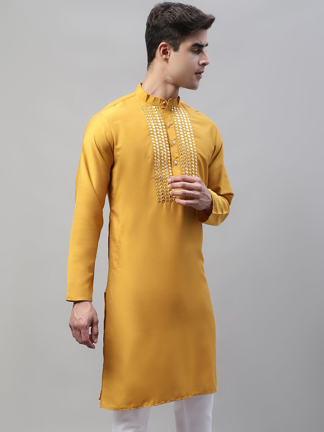 Jompers Men's Mustard Cotton Silk Mirror Work Kurta - Distacart
