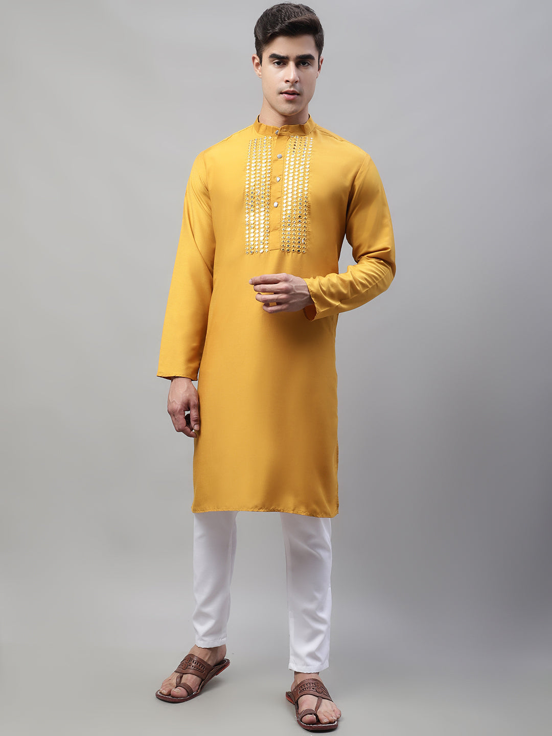 Jompers Men's Mustard Cotton Silk Mirror Work Kurta - Distacart