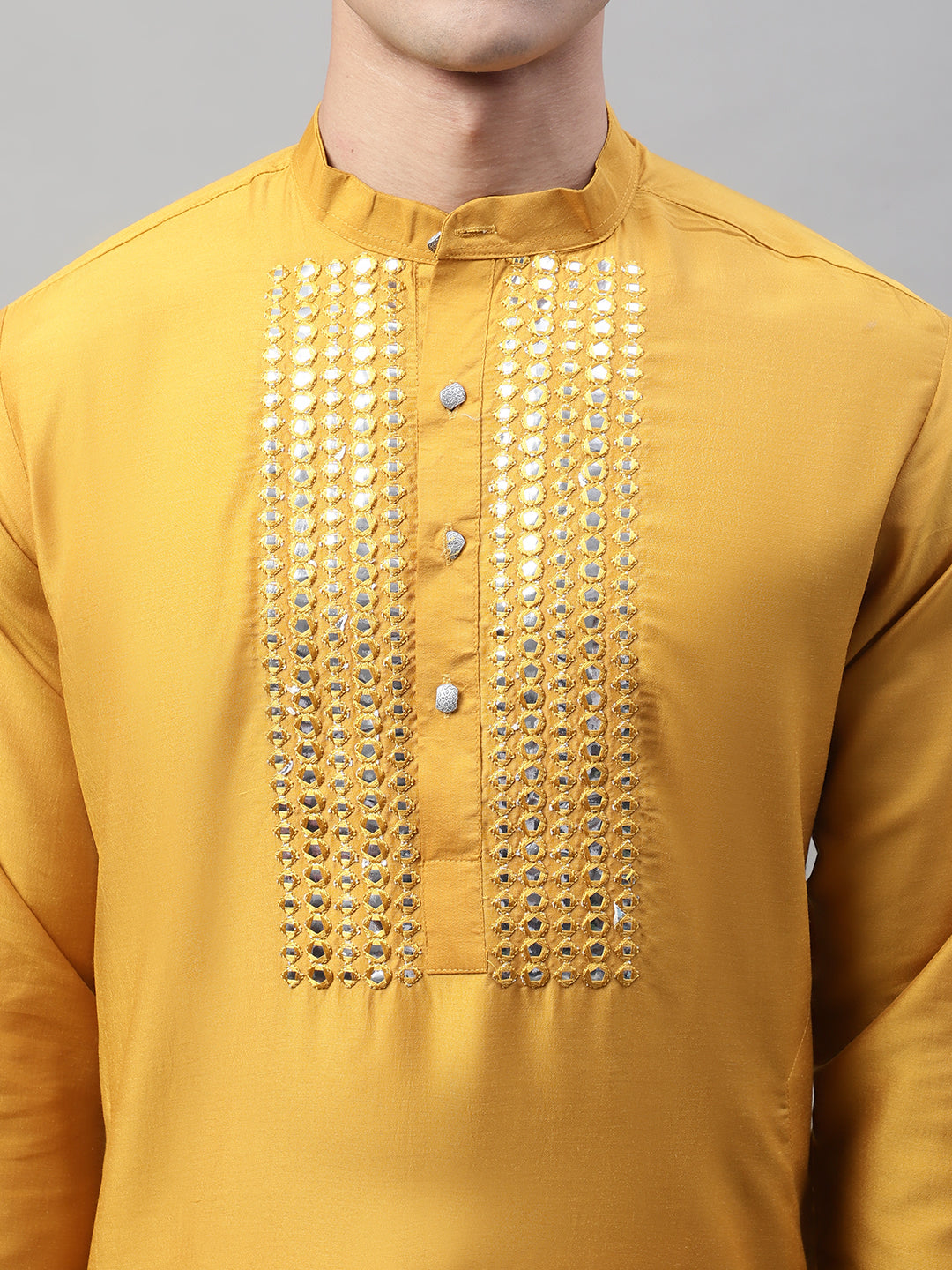 Jompers Men's Mustard Cotton Silk Mirror Work Kurta - Distacart