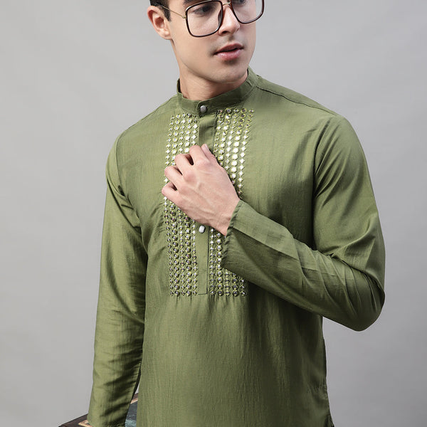 Jompers Men's Olive Green Cotton Silk Mirror Work Kurta - Distacart