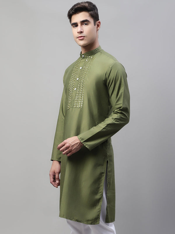 Jompers Men's Olive Green Cotton Silk Mirror Work Kurta - Distacart