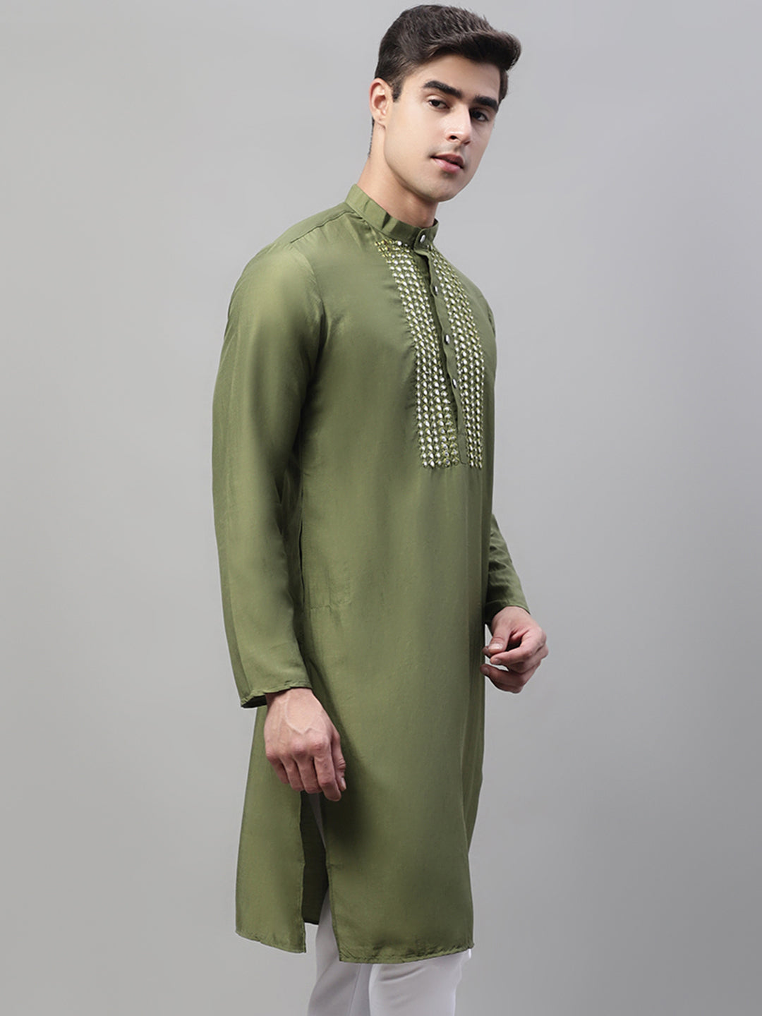 Jompers Men's Olive Green Cotton Silk Mirror Work Kurta - Distacart