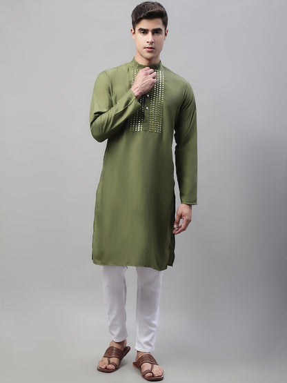 Jompers Men's Olive Green Cotton Silk Mirror Work Kurta - Distacart