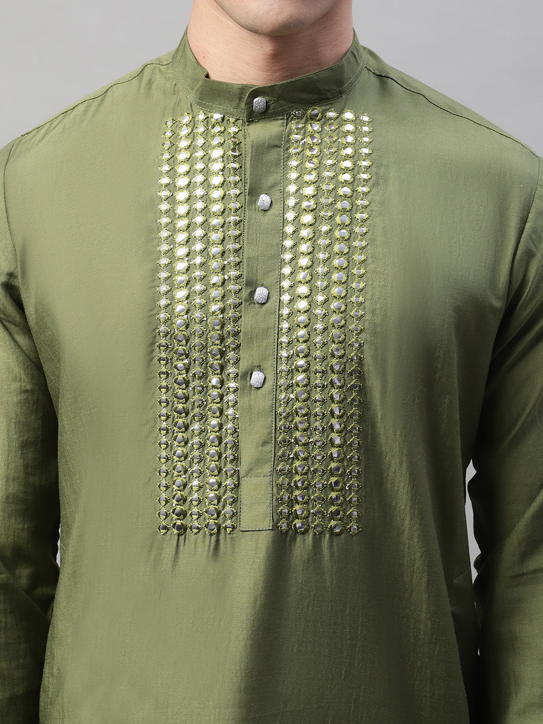 Jompers Men's Olive Green Cotton Silk Mirror Work Kurta - Distacart
