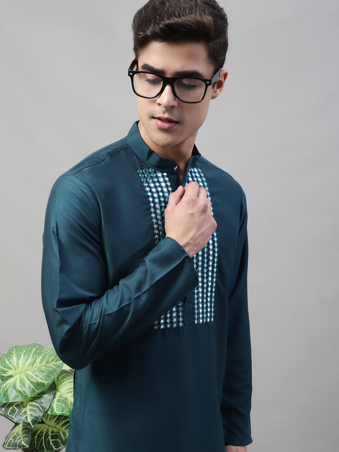 Jompers Men's Teal Blue Cotton Silk Mirror Work Kurta - Distacart