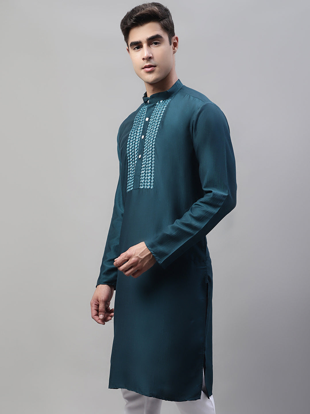 Jompers Men's Teal Blue Cotton Silk Mirror Work Kurta - Distacart