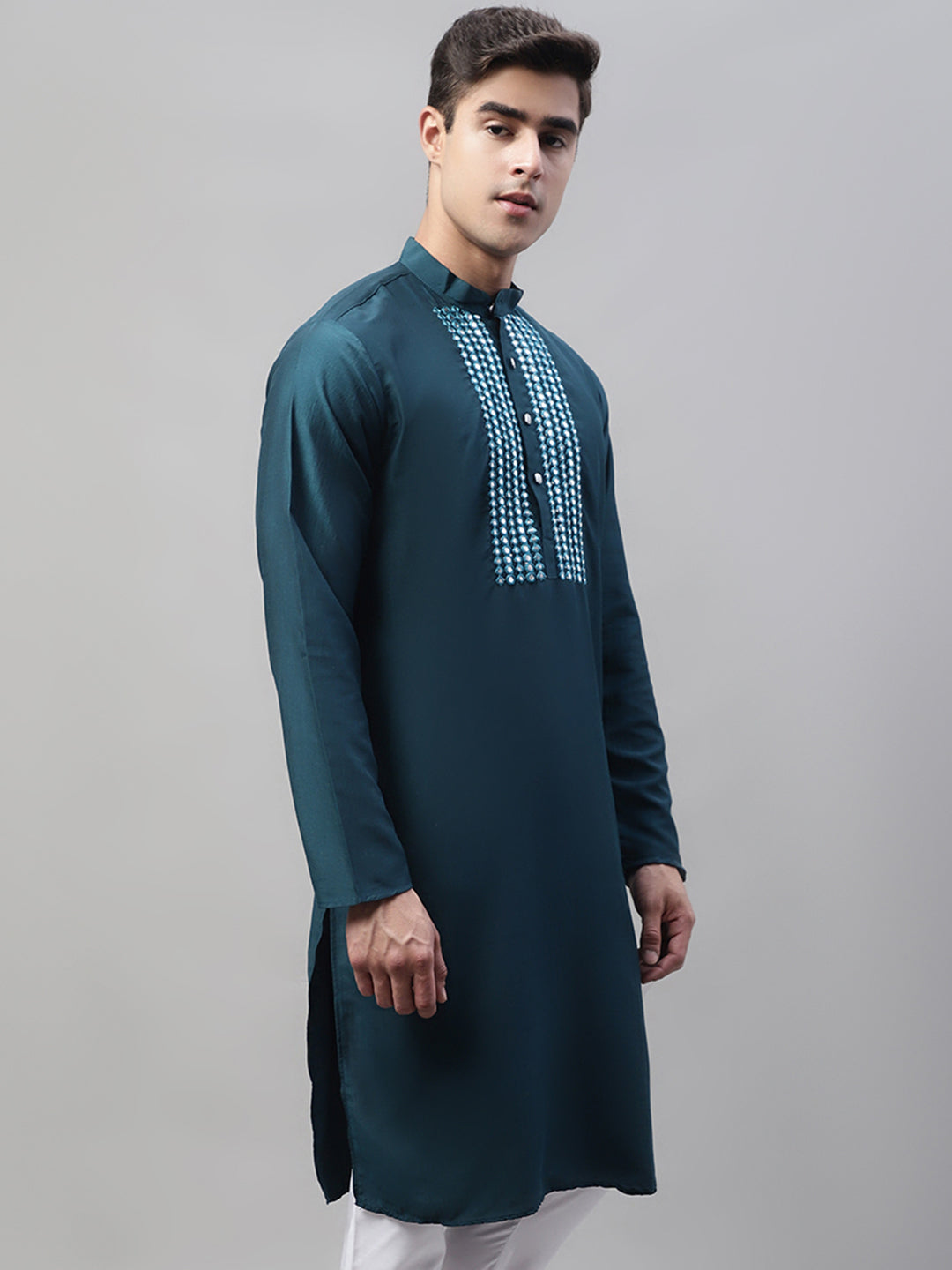 Jompers Men's Teal Blue Cotton Silk Mirror Work Kurta - Distacart