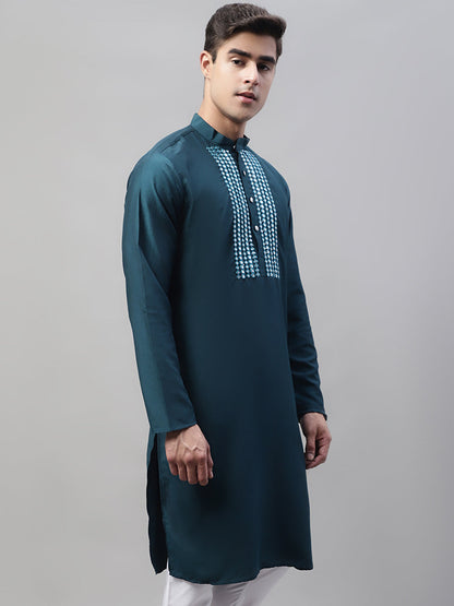 Jompers Men's Teal Blue Cotton Silk Mirror Work Kurta - Distacart