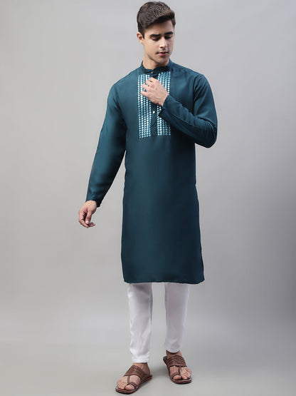 Jompers Men's Teal Blue Cotton Silk Mirror Work Kurta - Distacart