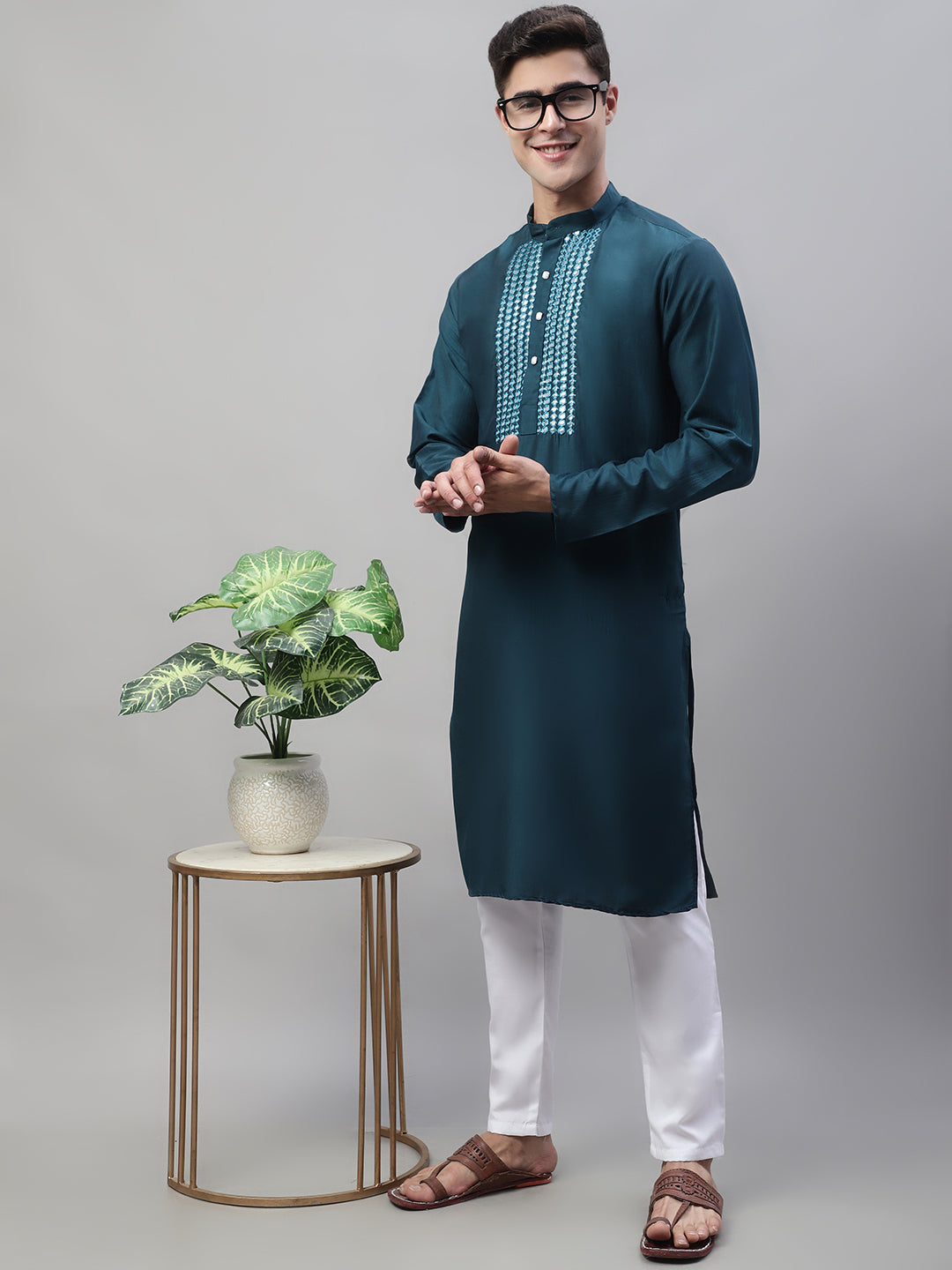 Jompers Men's Teal Blue Cotton Silk Mirror Work Kurta - Distacart