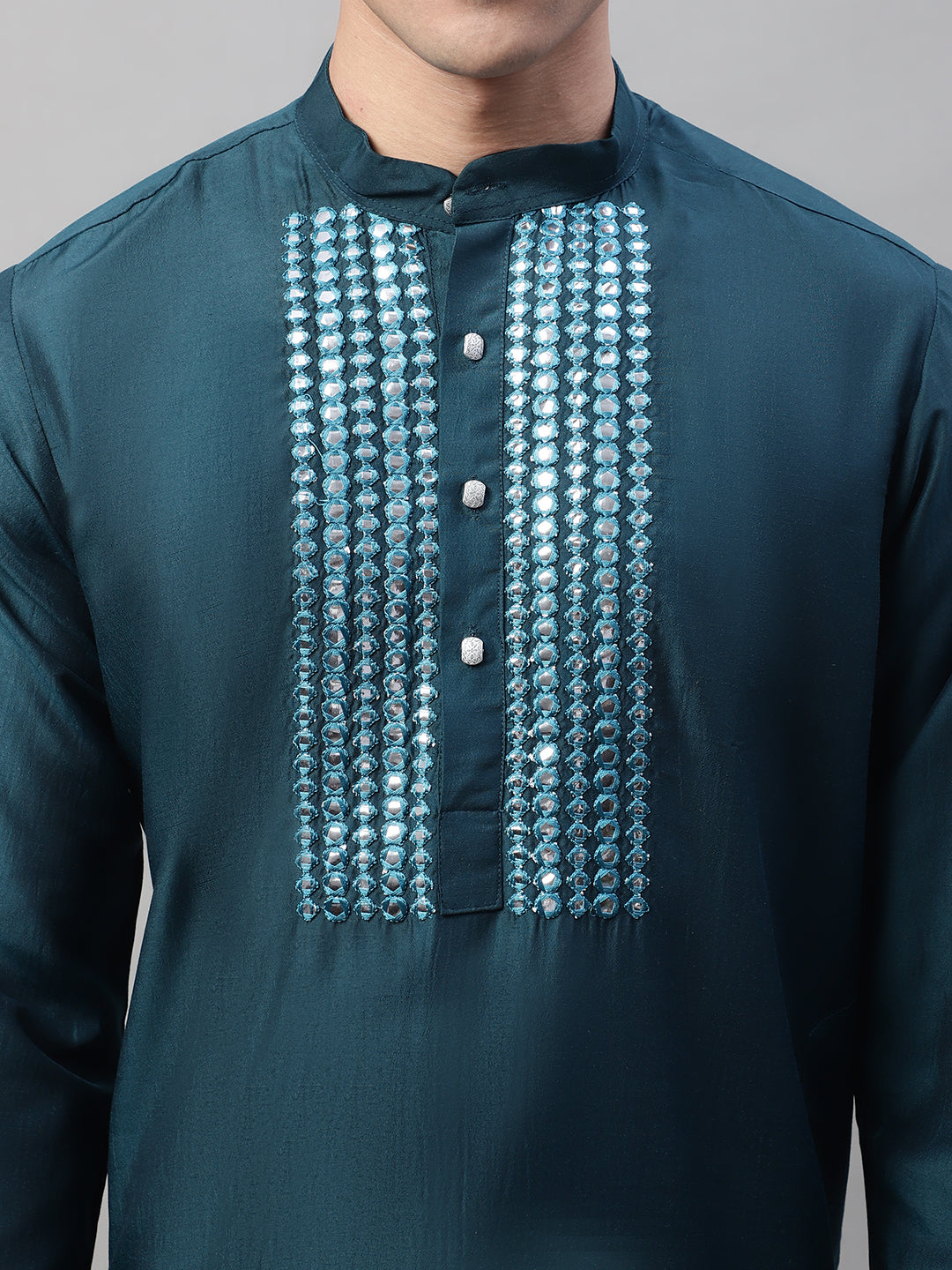 Jompers Men's Teal Blue Cotton Silk Mirror Work Kurta - Distacart