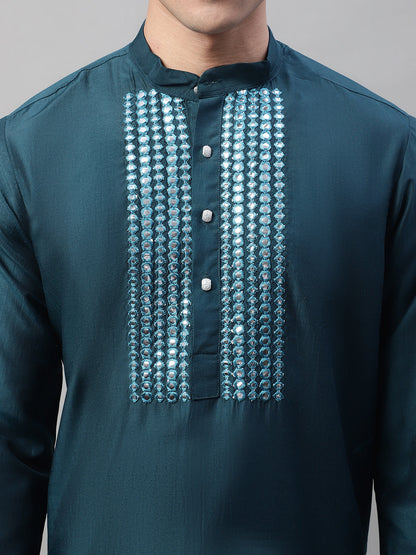 Jompers Men's Teal Blue Cotton Silk Mirror Work Kurta - Distacart