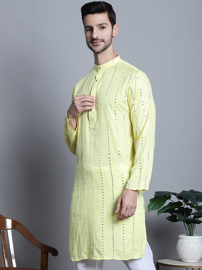Jompers Men's Embroidered Mirror Work Kurta Only - Lemon - Distacart