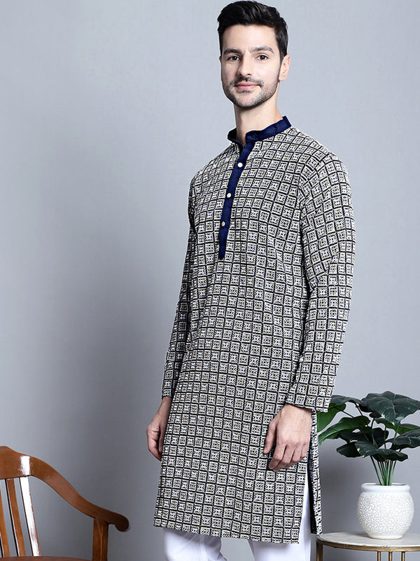 Jompers Men's Navy Blue Embroidered Kurta Only - Distacart