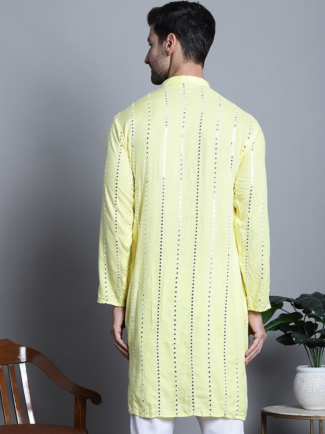 Jompers Men's Embroidered Mirror Work Kurta Only - Lemon - Distacart