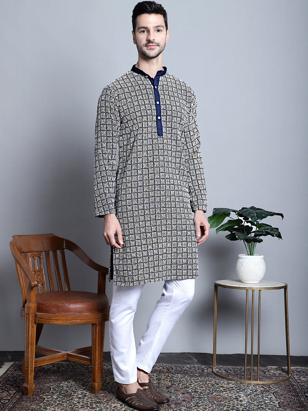 Jompers Men's Navy Blue Embroidered Kurta Only - Distacart