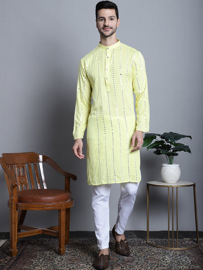 Jompers Men's Embroidered Mirror Work Kurta Only - Lemon - Distacart
