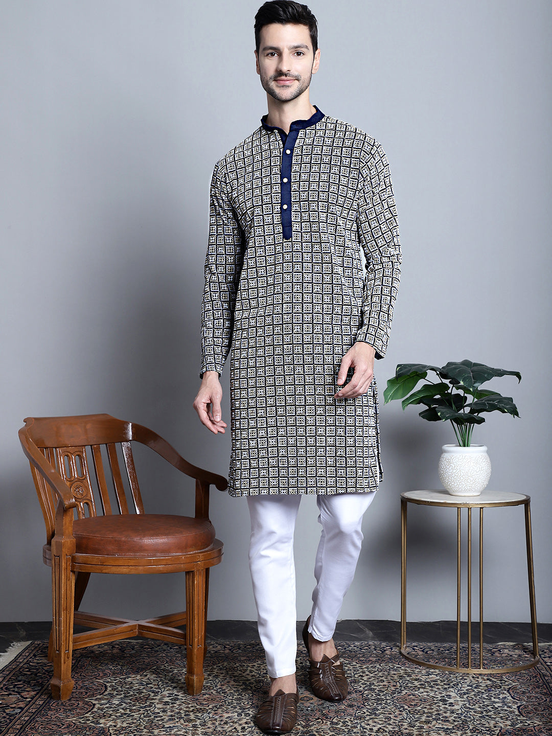Jompers Men's Navy Blue Embroidered Kurta Only - Distacart