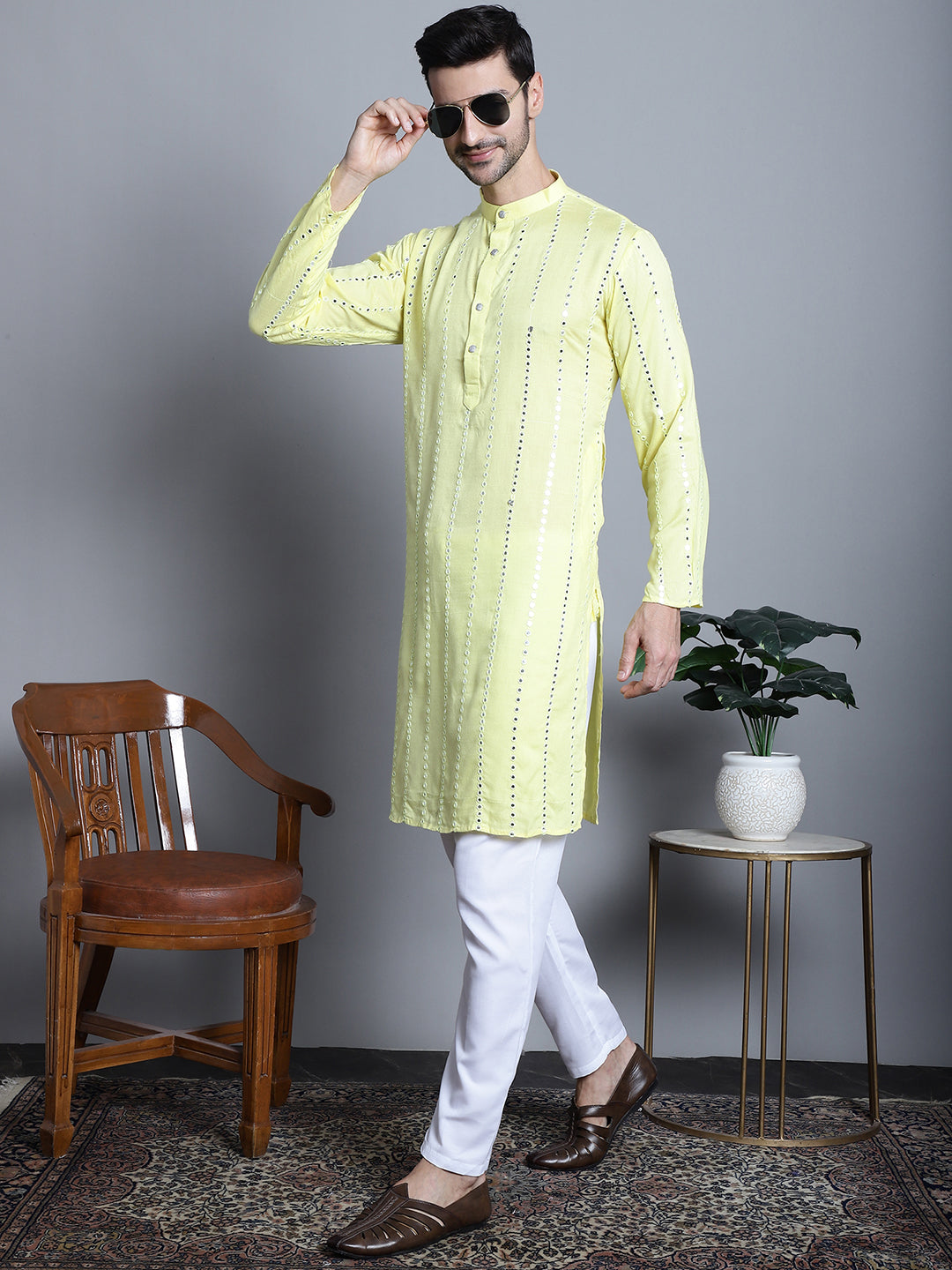 Jompers Men's Embroidered Mirror Work Kurta Only - Lemon - Distacart