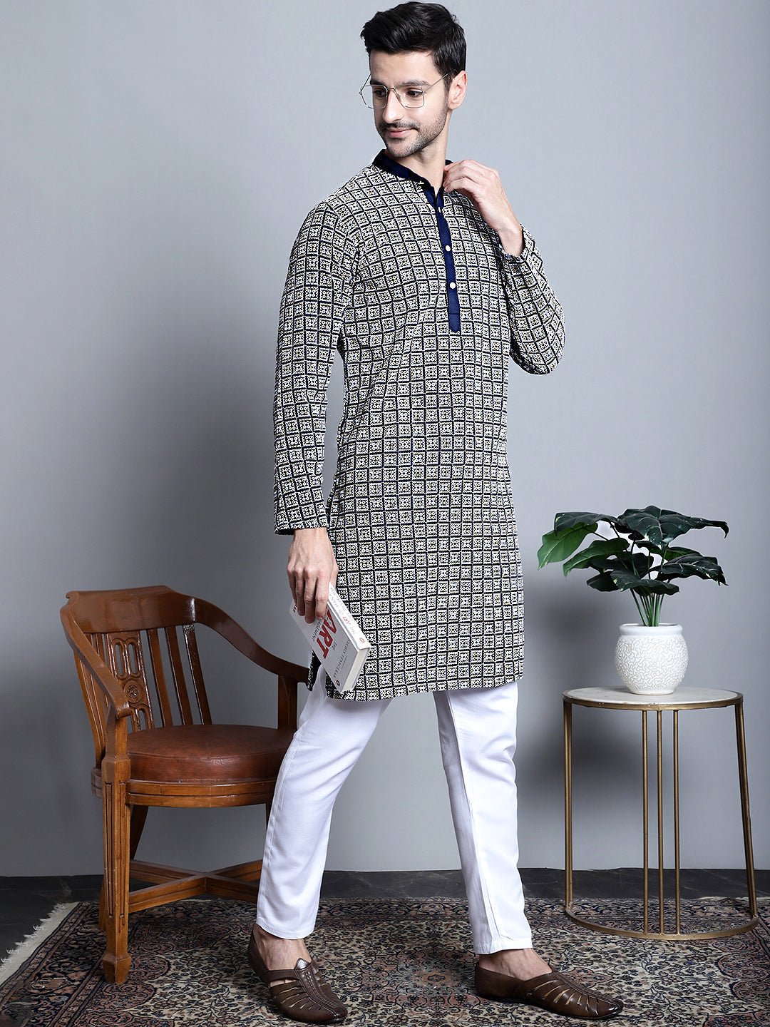 Jompers Men's Navy Blue Embroidered Kurta Only - Distacart