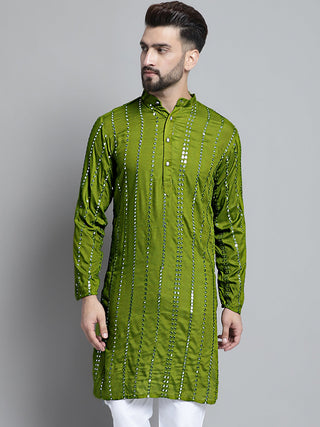 Jompers Men's Embroidered Mirror Work Kurta Only - Olive - Distacart