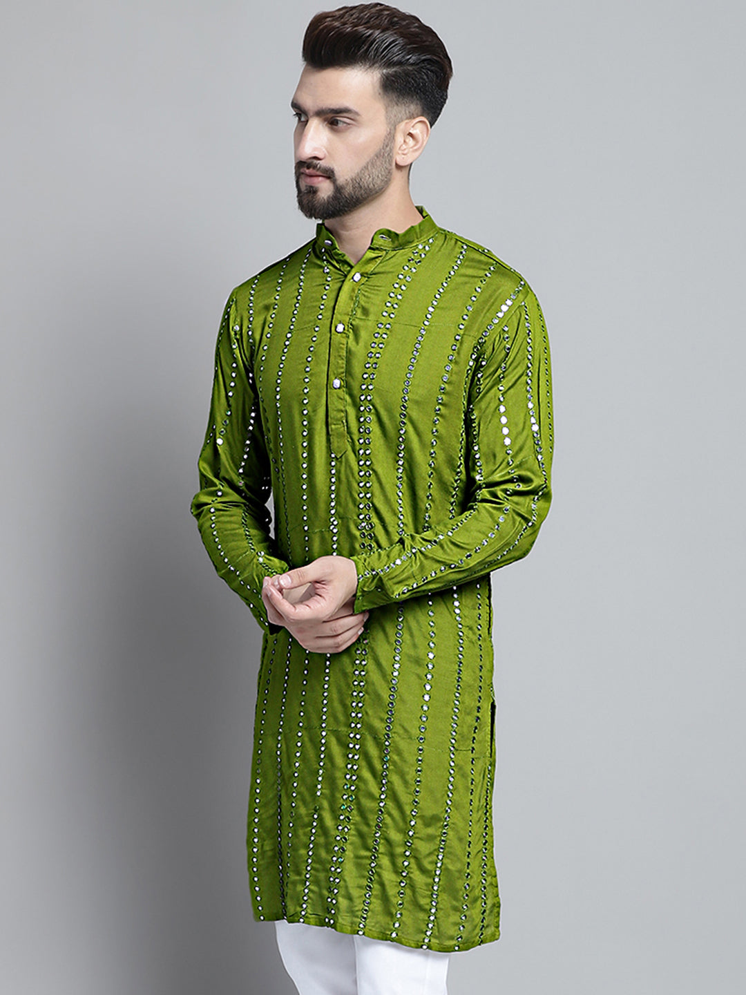 Jompers Men's Embroidered Mirror Work Kurta Only - Olive - Distacart