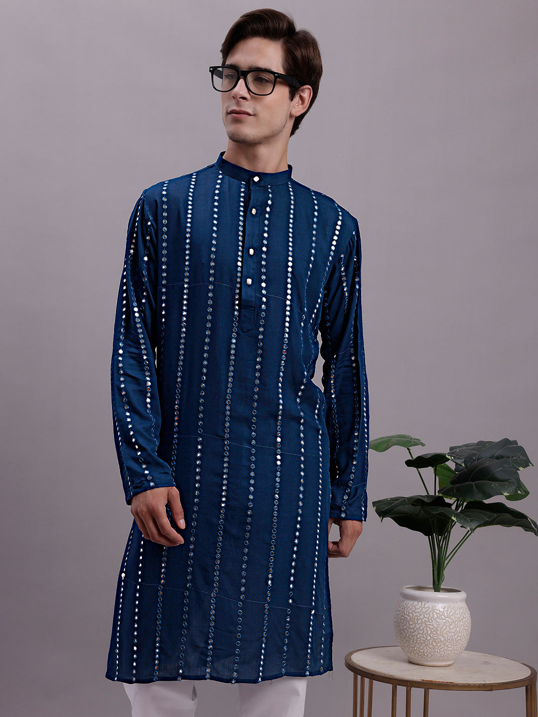 Jompers Men's Embroidered Mirror Work Kurta - Peacock - Distacart