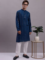 Thumbnail for Jompers Men's Embroidered Mirror Work Kurta - Peacock - Distacart