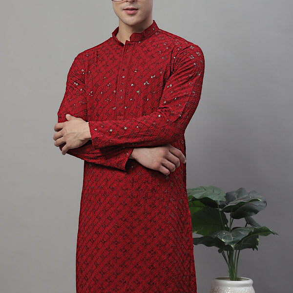Jompers Men's Maroon Chikankari Embroidered and Sequence Kurta - Distacart