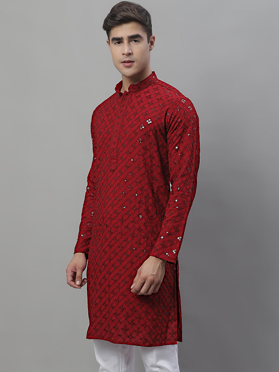Jompers Men's Maroon Chikankari Embroidered and Sequence Kurta - Distacart