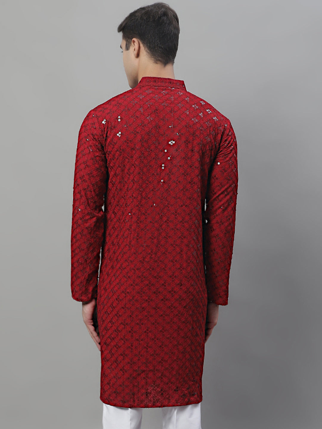 Jompers Men's Maroon Chikankari Embroidered and Sequence Kurta - Distacart