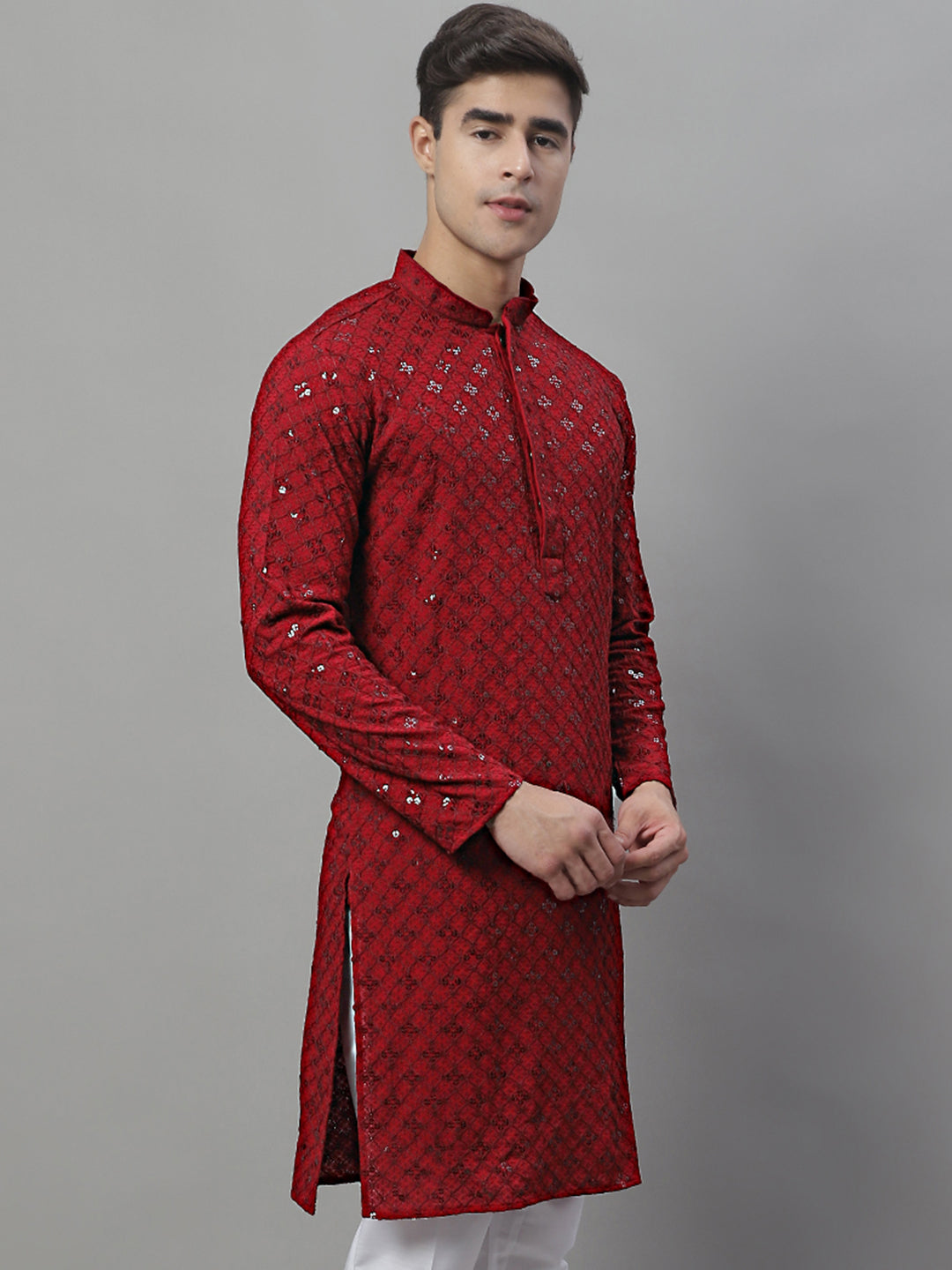 Jompers Men's Maroon Chikankari Embroidered and Sequence Kurta - Distacart