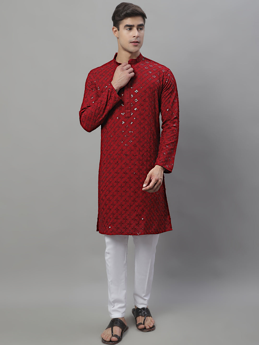 Jompers Men's Maroon Chikankari Embroidered and Sequence Kurta - Distacart