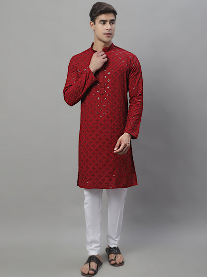 Jompers Men's Maroon Chikankari Embroidered and Sequence Kurta - Distacart