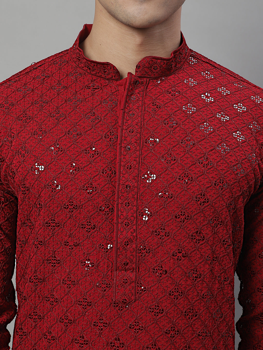 Jompers Men's Maroon Chikankari Embroidered and Sequence Kurta - Distacart