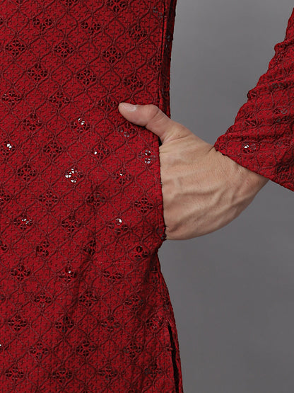 Jompers Men's Maroon Chikankari Embroidered and Sequence Kurta - Distacart