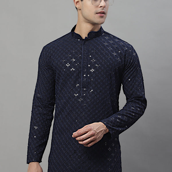 Jompers Men's Navy Blue Chikankari Embroidered and Sequence Kurta - Distacart