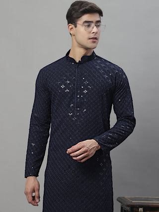 Jompers Men's Navy Blue Chikankari Embroidered and Sequence Kurta - Distacart