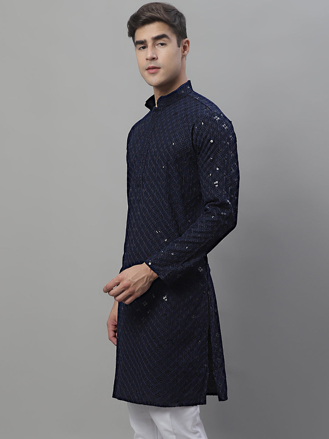 Jompers Men's Navy Blue Chikankari Embroidered and Sequence Kurta - Distacart