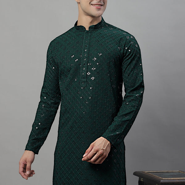 Jompers Men's Olive Green Chikankari Embroidered and Sequence Kurta - Distacart