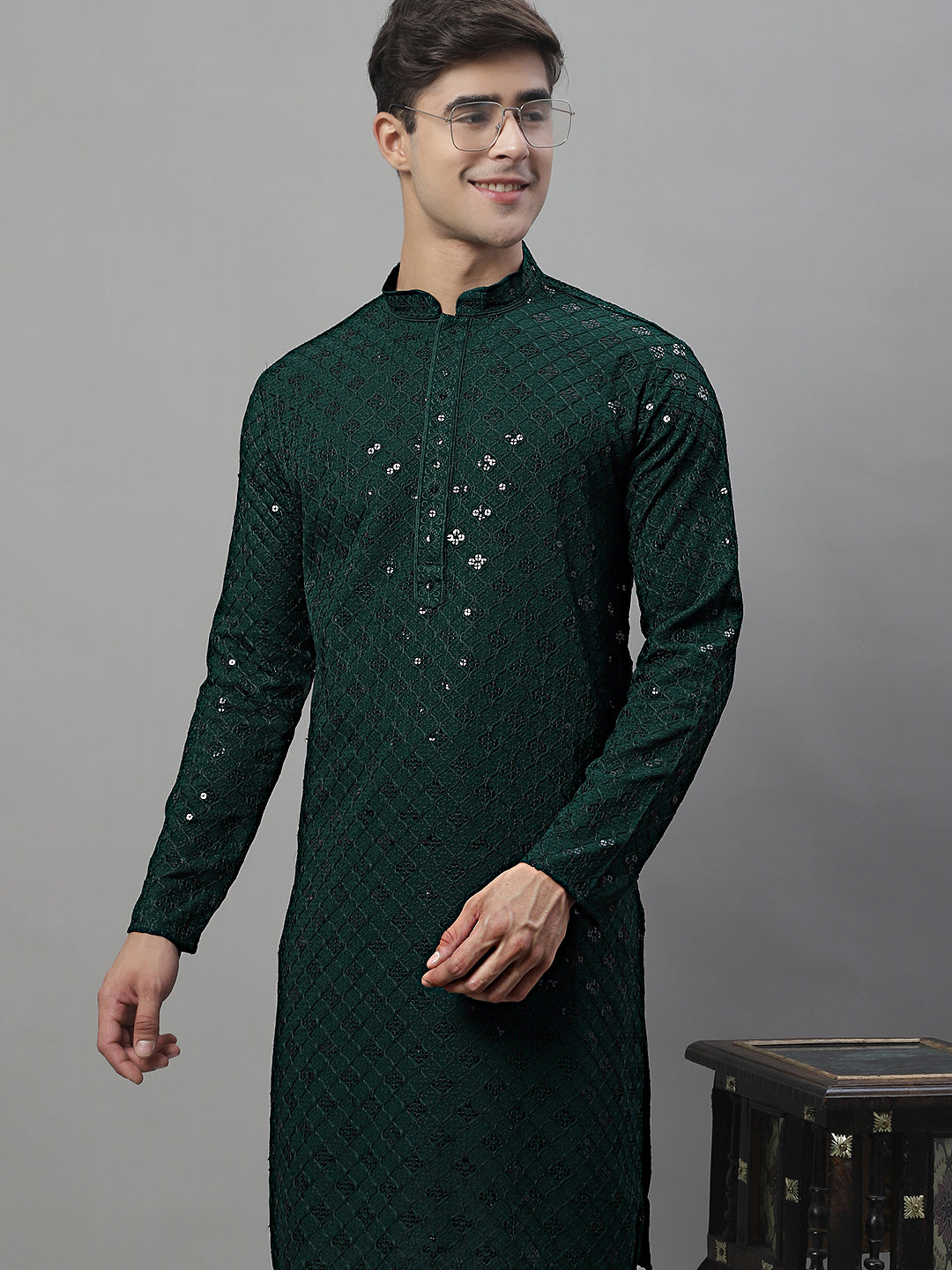 Jompers Men's Olive Green Chikankari Embroidered and Sequence Kurta - Distacart