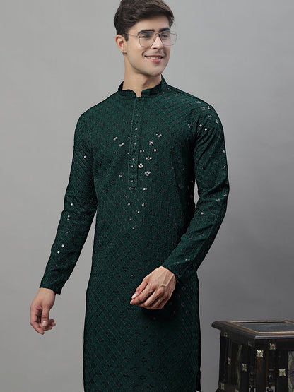 Jompers Men's Olive Green Chikankari Embroidered and Sequence Kurta - Distacart