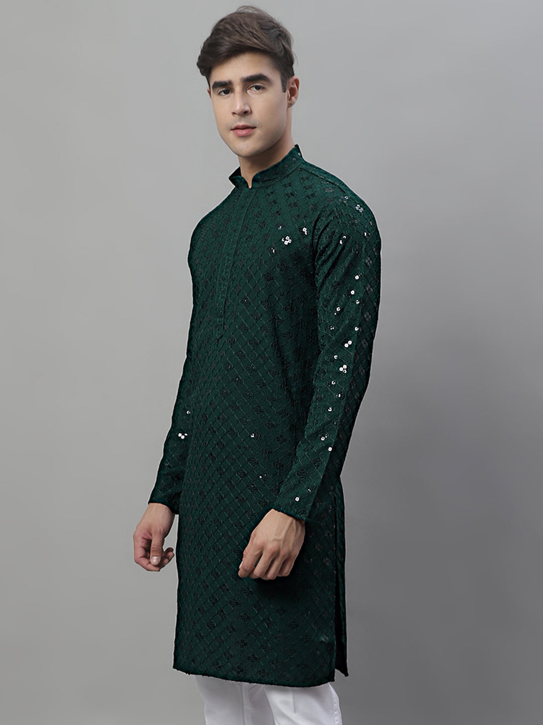 Jompers Men's Olive Green Chikankari Embroidered and Sequence Kurta - Distacart
