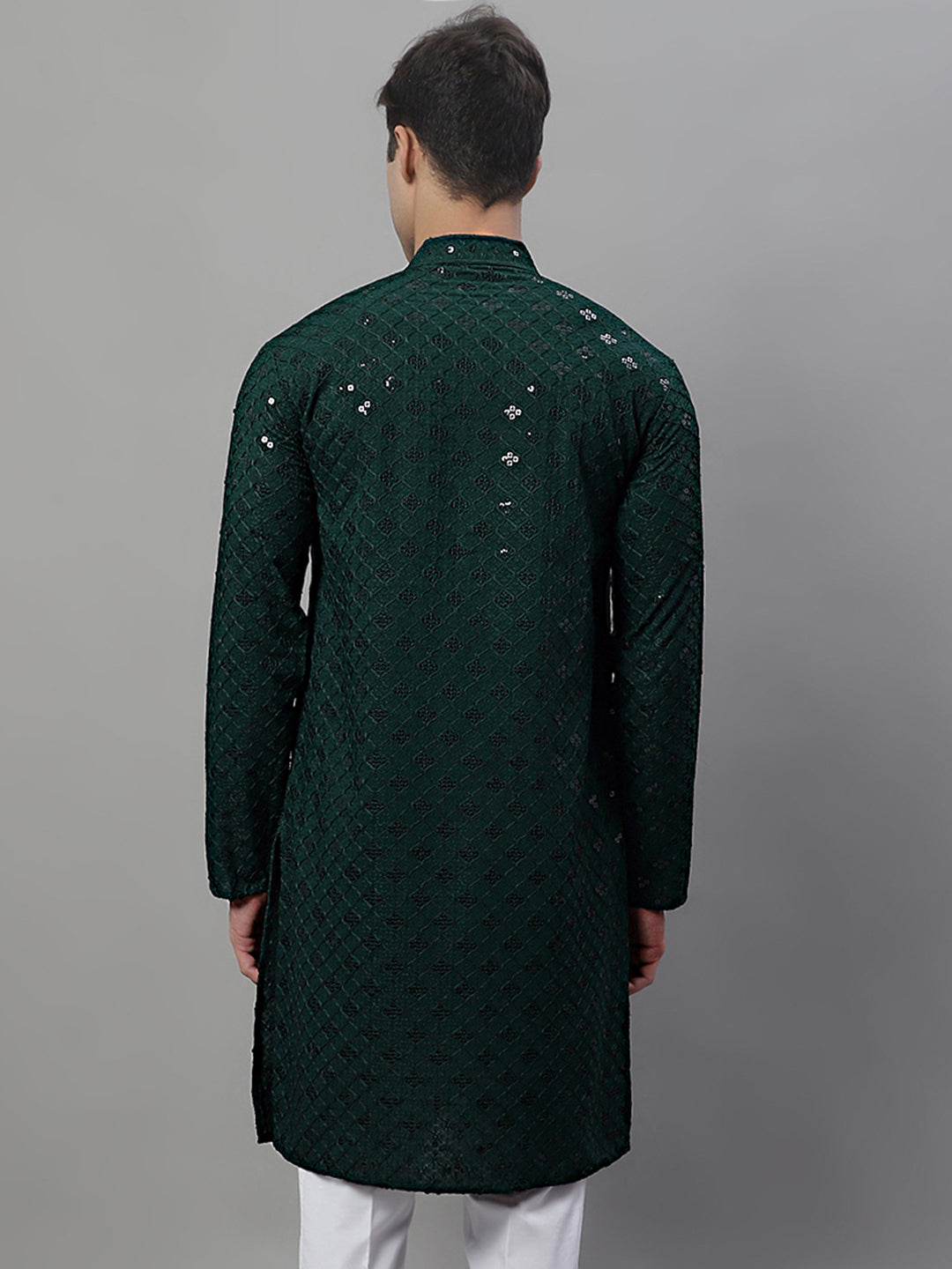 Jompers Men's Olive Green Chikankari Embroidered and Sequence Kurta - Distacart