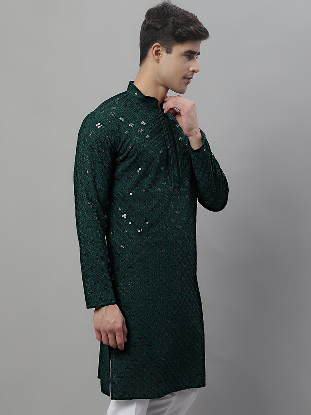 Jompers Men's Olive Green Chikankari Embroidered and Sequence Kurta - Distacart