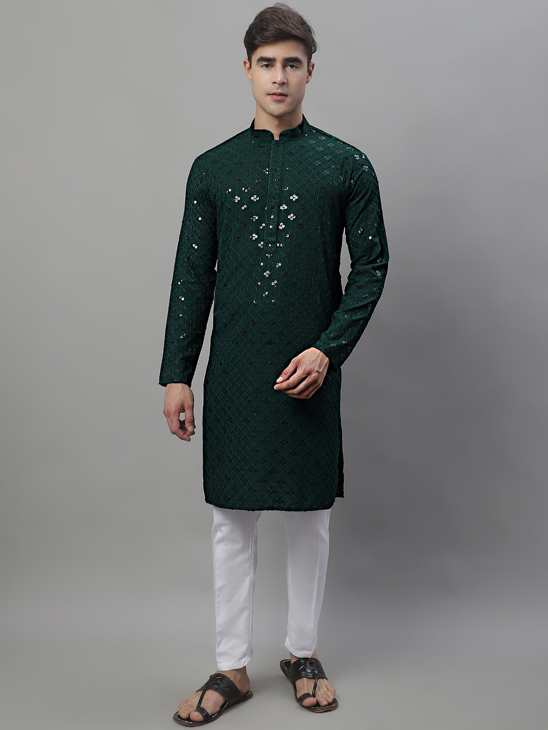 Jompers Men's Olive Green Chikankari Embroidered and Sequence Kurta - Distacart